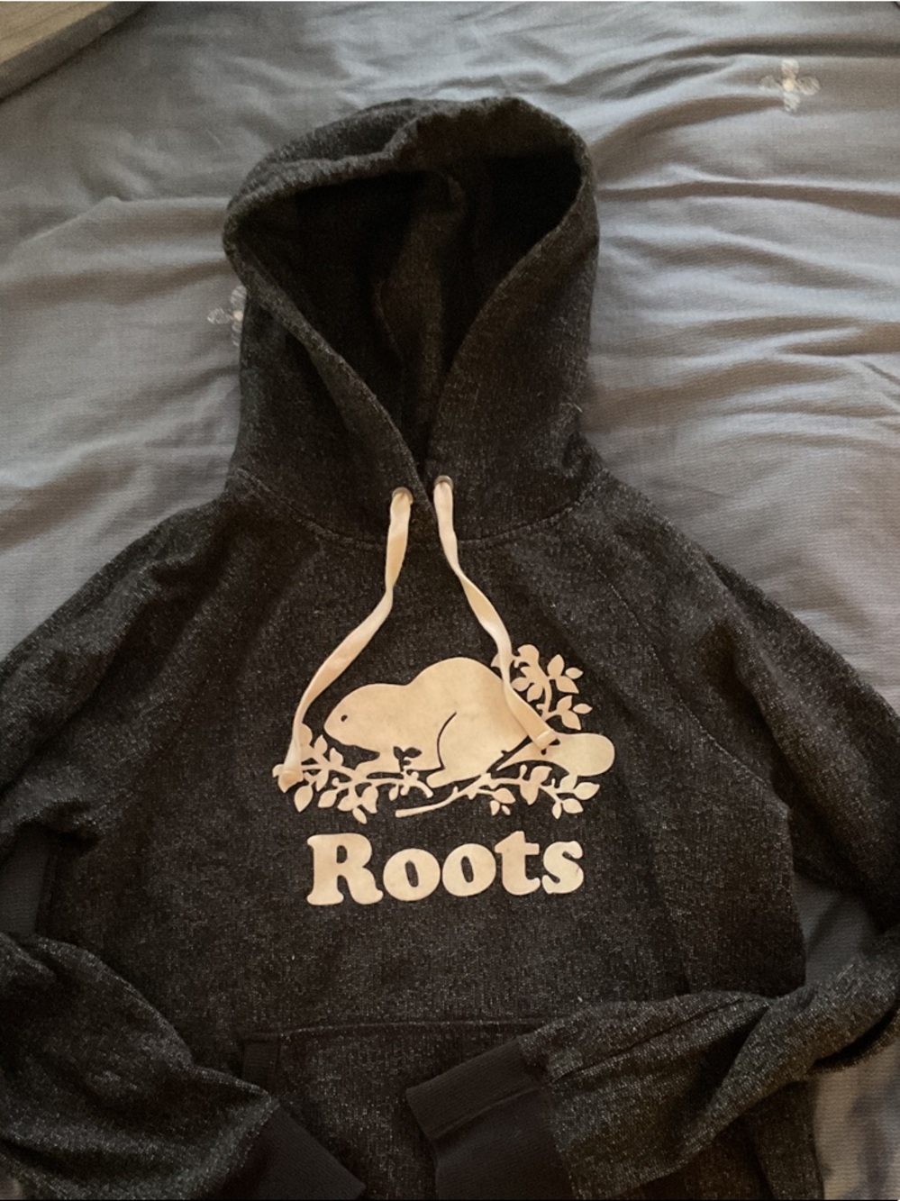 Roots Black Heather Hoodie with Cream Logo